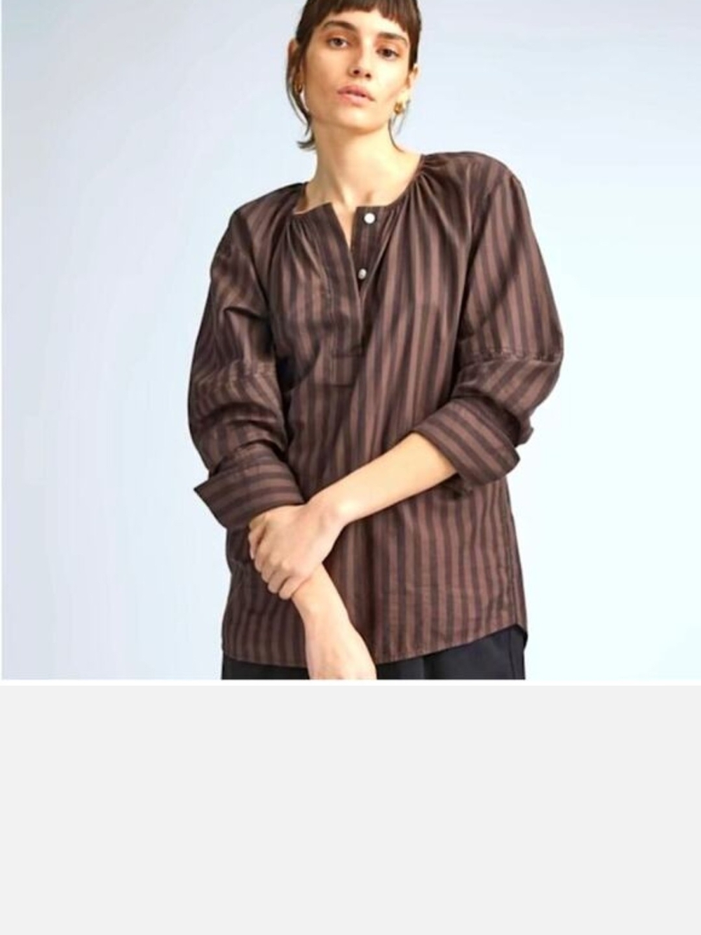 Everlane Brown Striped Silky Cotton Button-Neck Shirt Size 8 Excellent Condition